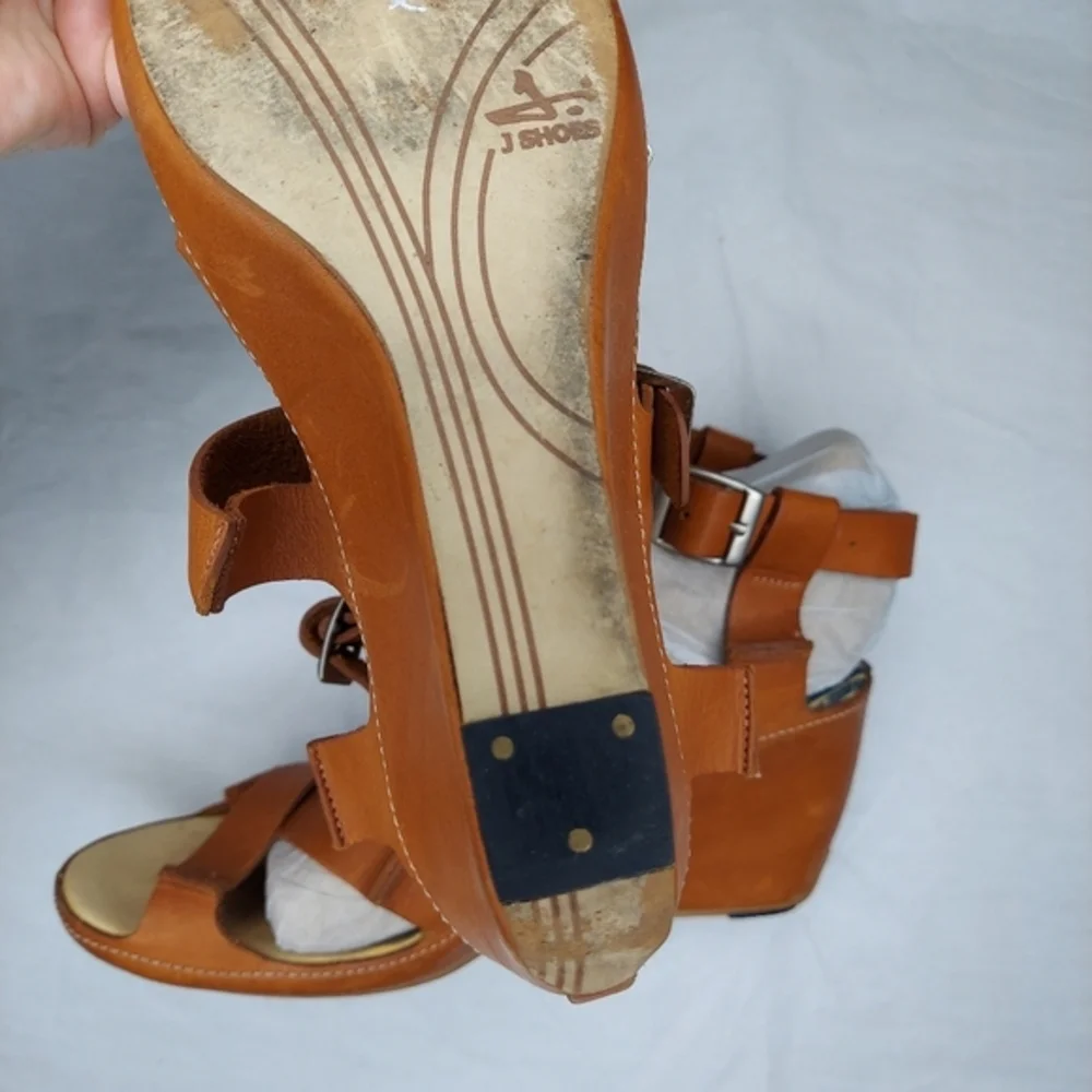 J Shoes Leather Wedge Heel‎ Sandals Womens 10 Strappy Ankle Adjustable Buckle